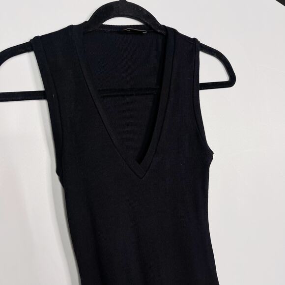 Alix NYC Small Black Merit Ribbed V Neck Tank Bodysuit Modal Stretch Jersey Snap - Picture 3 of 10